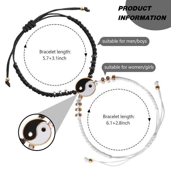 Yin Yang Couple Bracelets, 2 Matching Adjustable Cord Bracelets Long Distance... - Picture 2 of 6